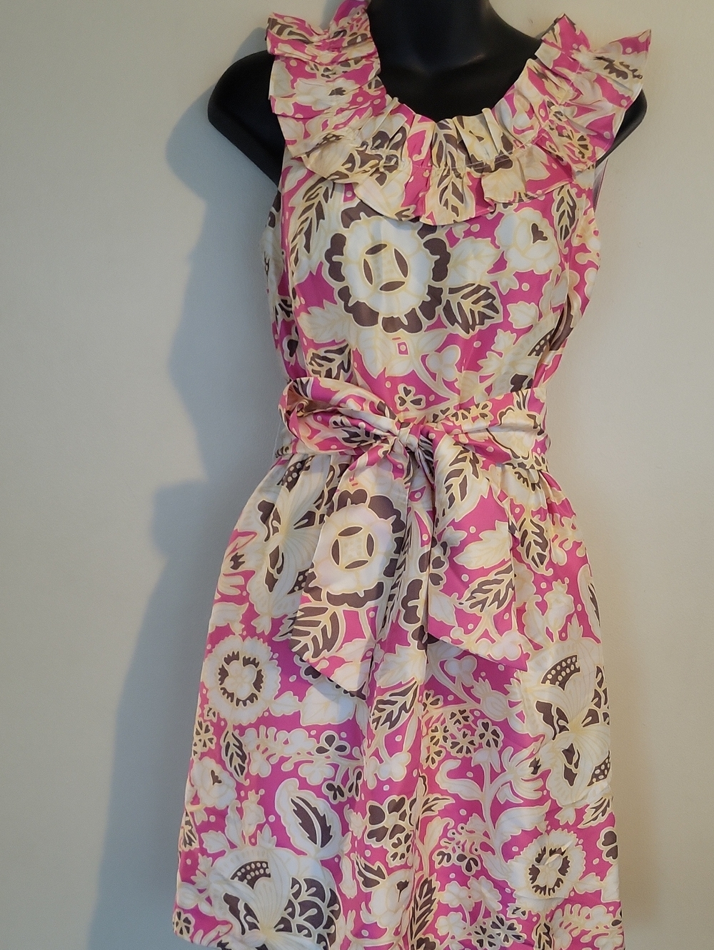 J. Crew Pink, Cream and Brown Floral Ruffle Tie-Waist Dress